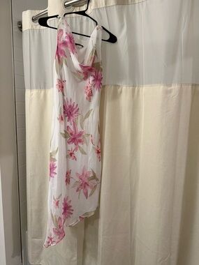White Floral Cowl Neck Slip Dress with Pink Flowers